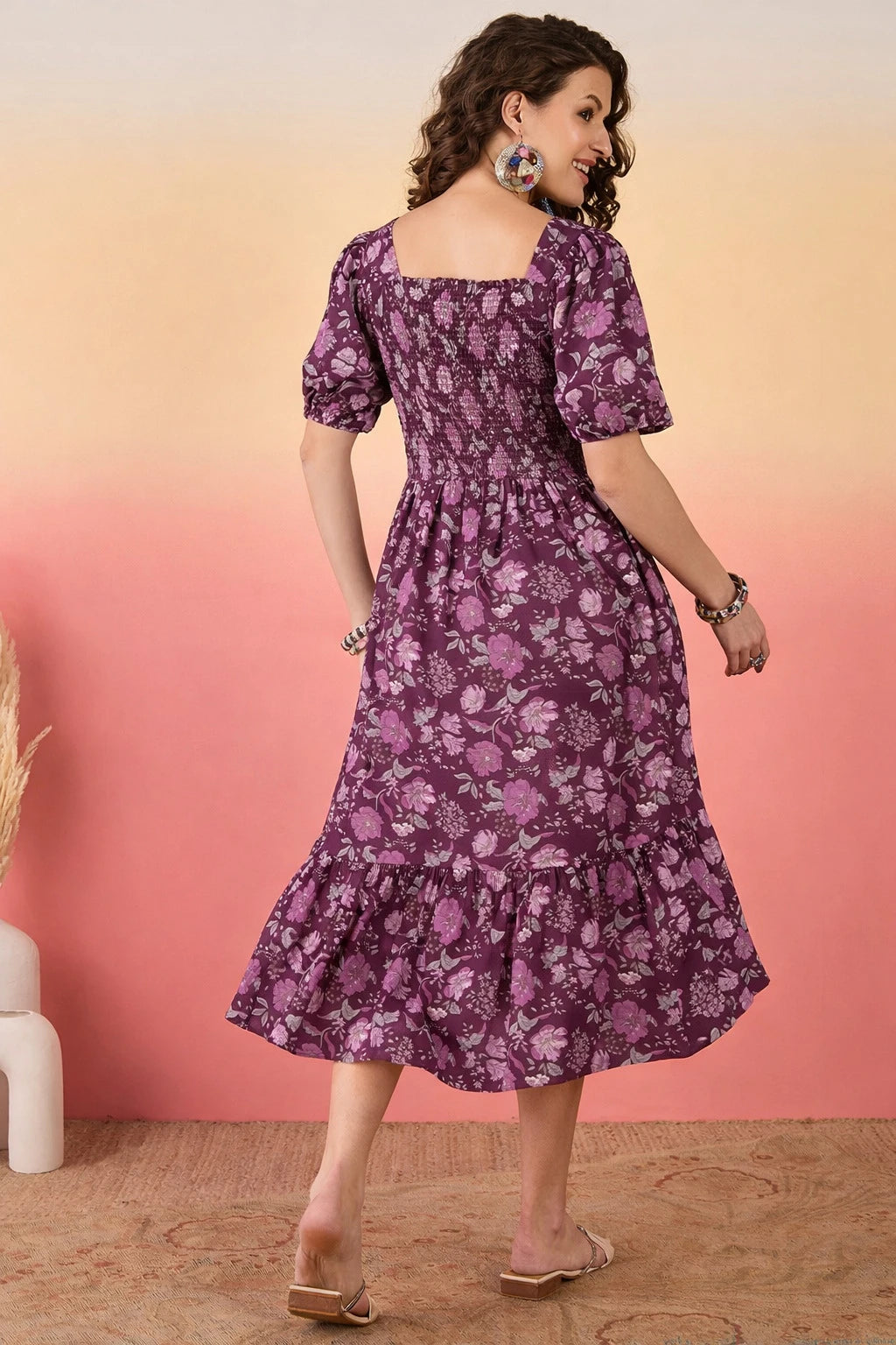 Starword Summer Bloom Midi Dress – Smocked Square Neck Tiered Floral Maxi