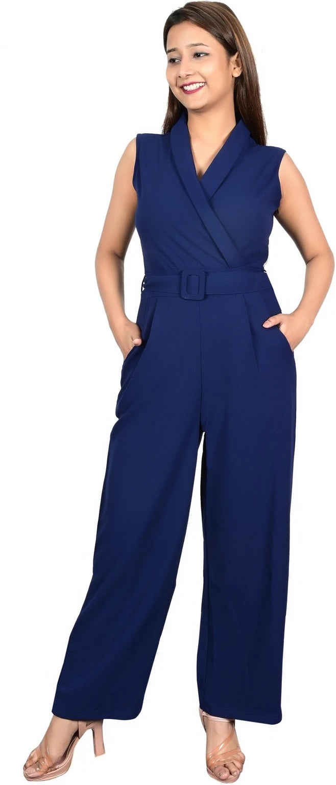 Sunday Casual Women Blue Solid Sleeveless Jumpsuit with Matching Belt