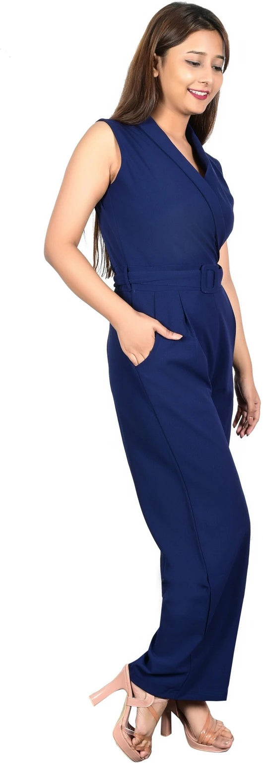 Sunday Casual Women Blue Solid Sleeveless Jumpsuit with Matching Belt