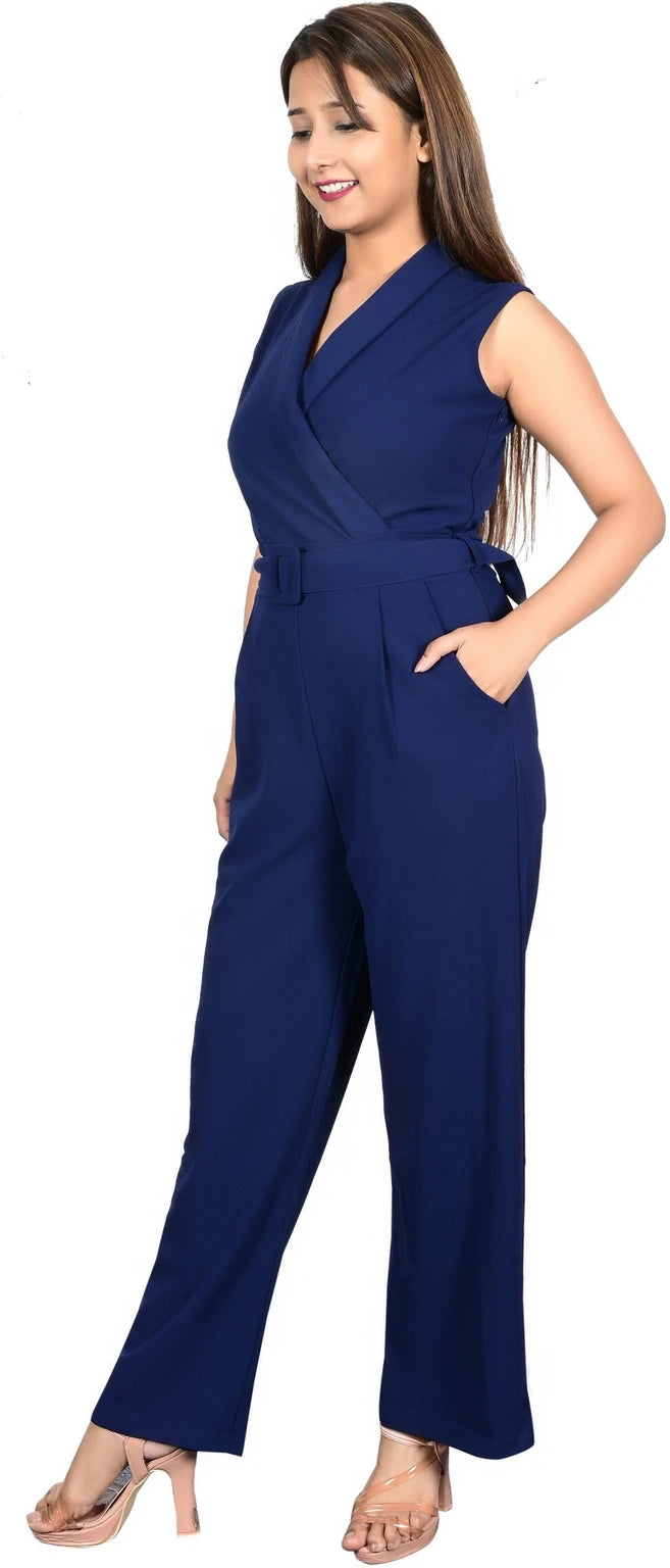 Sunday Casual Women Blue Solid Sleeveless Jumpsuit with Matching Belt