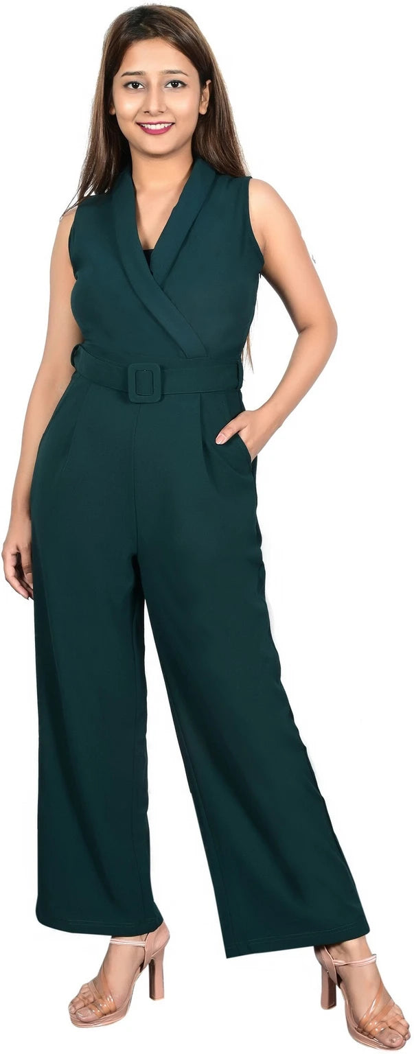 Sunday Casual Women Bottle Green Solid Sleeveless Jumpsuit with Matching Belt
