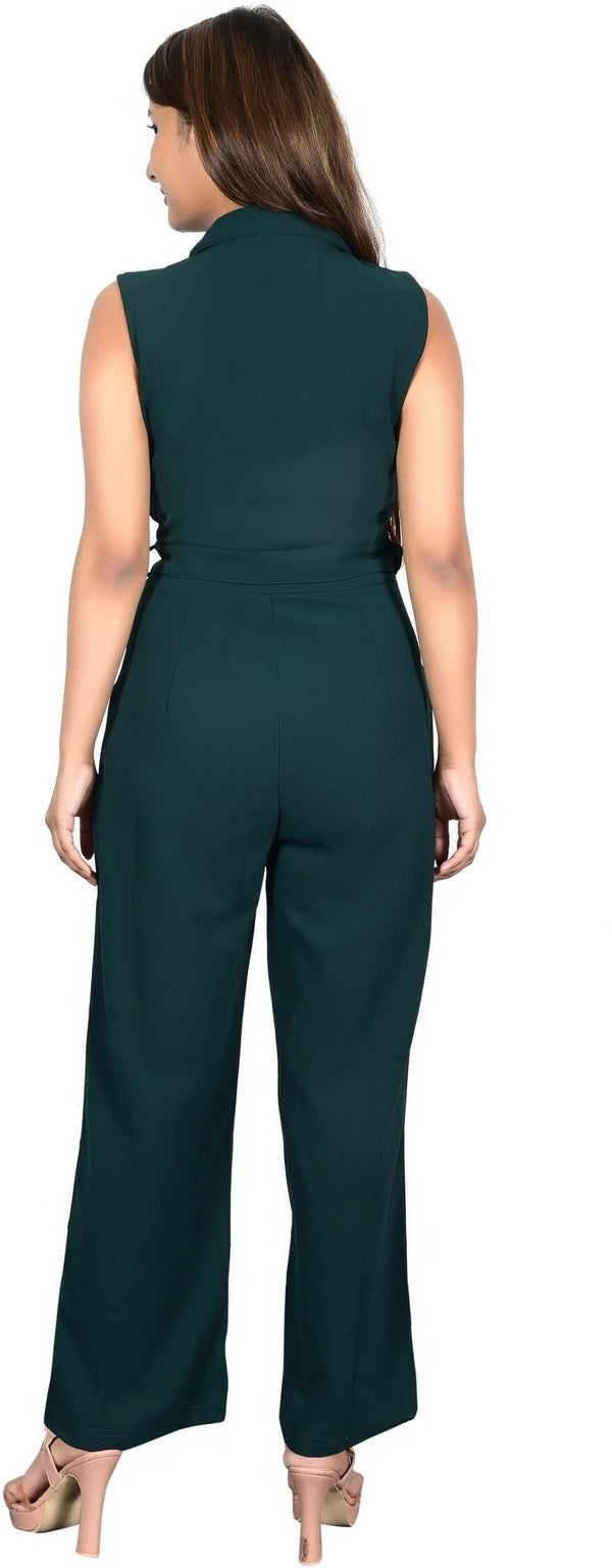 Sunday Casual Women Bottle Green Solid Sleeveless Jumpsuit with Matching Belt