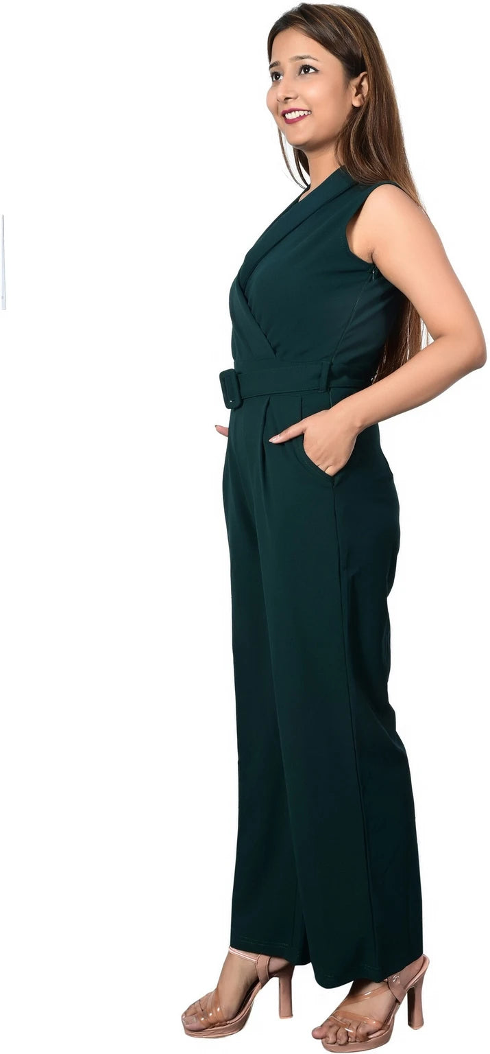 Sunday Casual Women Bottle Green Solid Sleeveless Jumpsuit with Matching Belt
