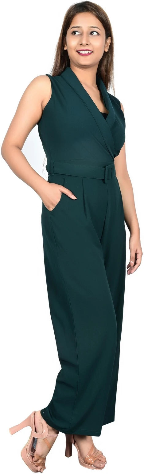 Sunday Casual Women Bottle Green Solid Sleeveless Jumpsuit with Matching Belt