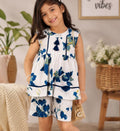 Superminis Girls' Indigo Floral Pure Cotton Top & Shorts Set – Sleeveless Tassel Flare Summer Co-ord
