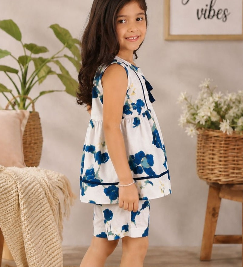 Superminis Girls' Indigo Floral Pure Cotton Top & Shorts Set – Sleeveless Tassel Flare Summer Co-ord