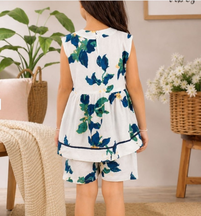 Superminis Girls' Indigo Floral Pure Cotton Top & Shorts Set – Sleeveless Tassel Flare Summer Co-ord