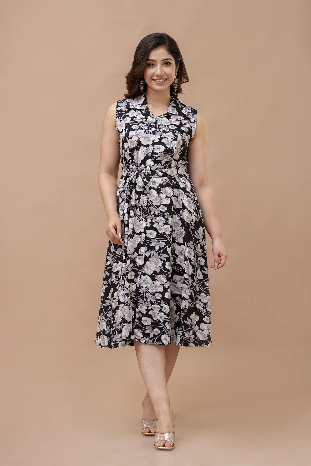 VIPY HANGER Women Black Floral Print Cotton Rayon Sleeveless A-Line Kurti with Waist Tie