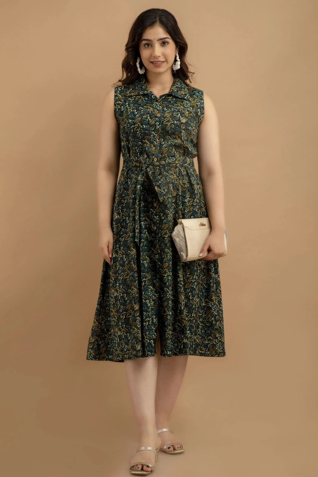 VIPY HANGER Women Dark Green Floral Print Cotton Rayon Sleeveless A-Line Kurti with Waist Tie