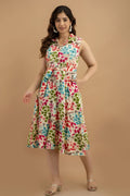 VIPY HANGER Women Pink-Blue Floral Print Cotton Rayon Sleeveless A-Line Kurti with Waist Tie