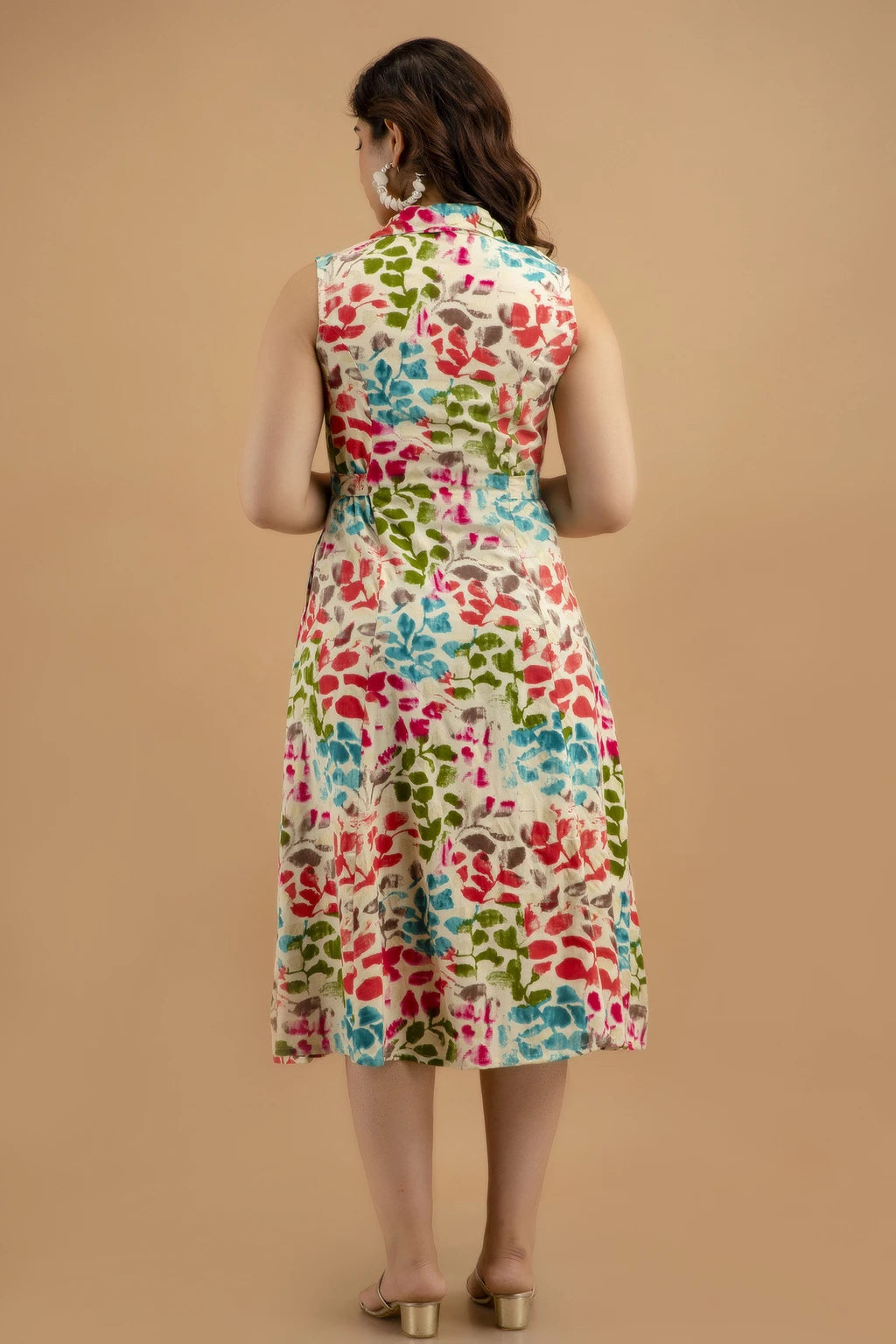 VIPY HANGER Women Pink-Blue Floral Print Cotton Rayon Sleeveless A-Line Kurti with Waist Tie