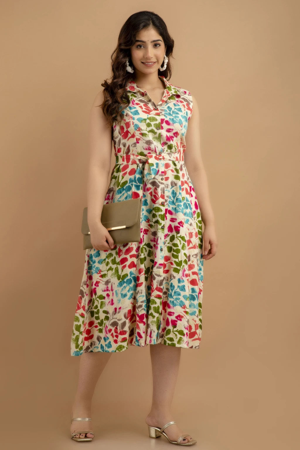 VIPY HANGER Women Pink-Blue Floral Print Cotton Rayon Sleeveless A-Line Kurti with Waist Tie