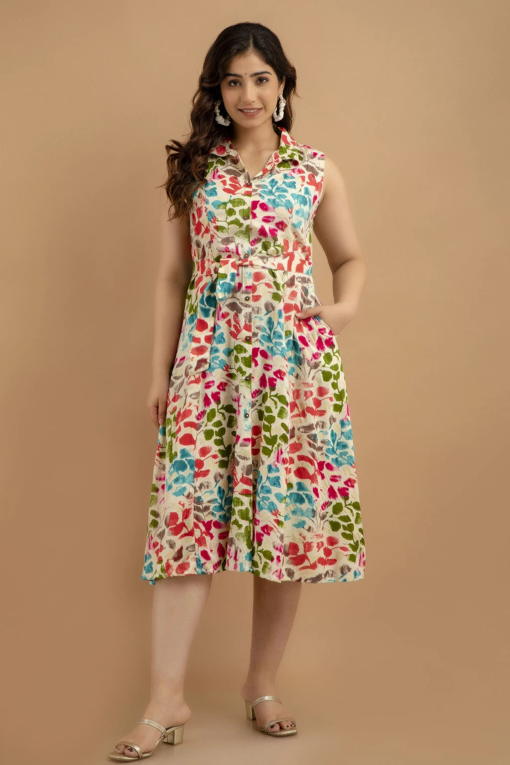 VIPY HANGER Women Pink-Blue Floral Print Cotton Rayon Sleeveless A-Line Kurti with Waist Tie