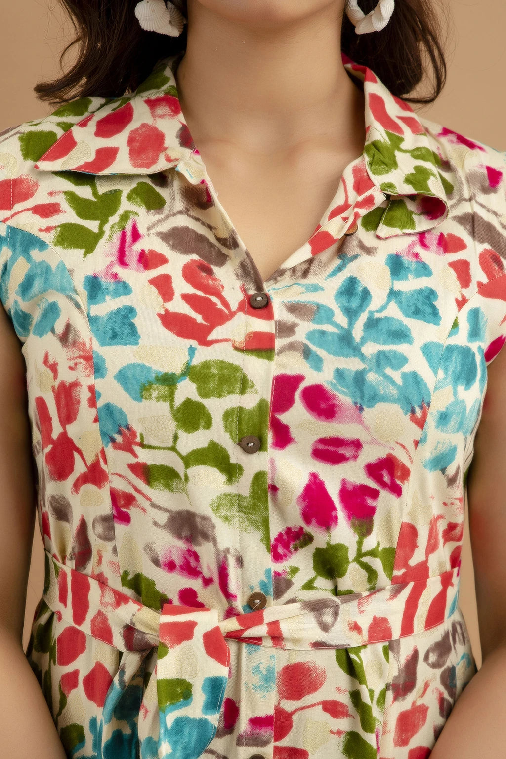 VIPY HANGER Women Pink-Blue Floral Print Cotton Rayon Sleeveless A-Line Kurti with Waist Tie