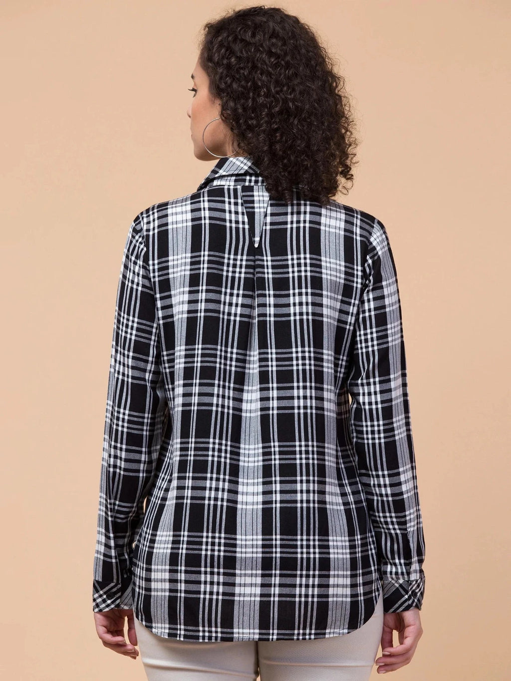 Women Black Plaid Checkered Viscose Rayon Button Down Casual Shirt