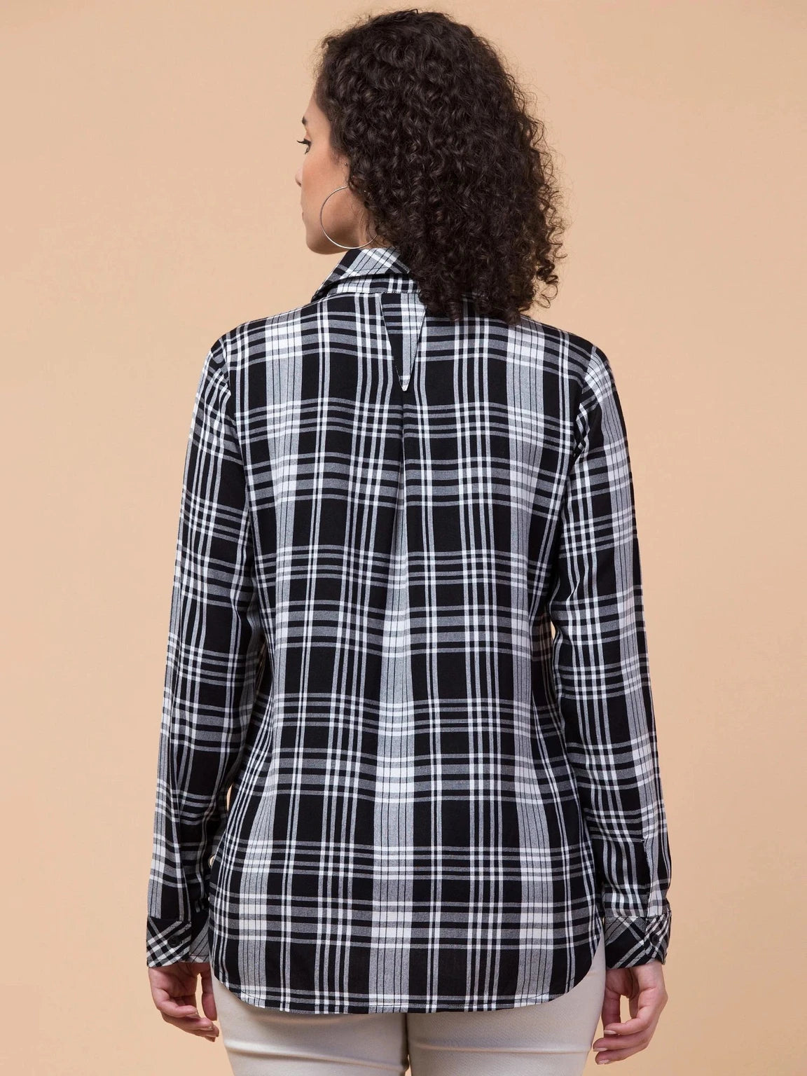 Women Black Plaid Checkered Viscose Rayon Button Down Casual Shirt