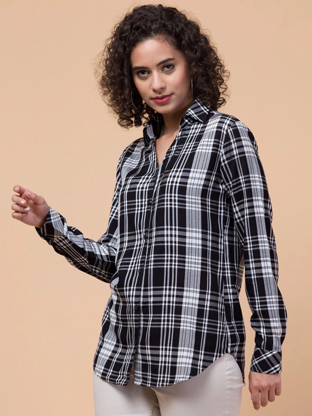 Women Black Plaid Checkered Viscose Rayon Button Down Casual Shirt