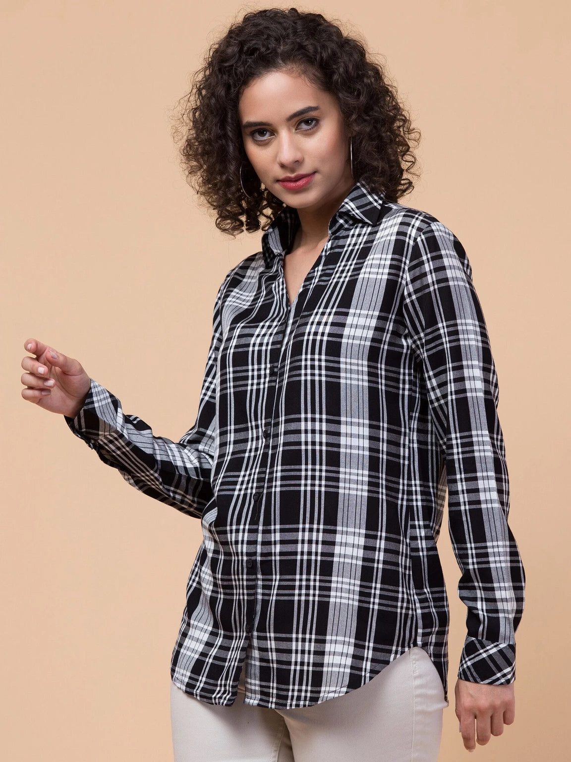 Women Black Plaid Checkered Viscose Rayon Button Down Casual Shirt