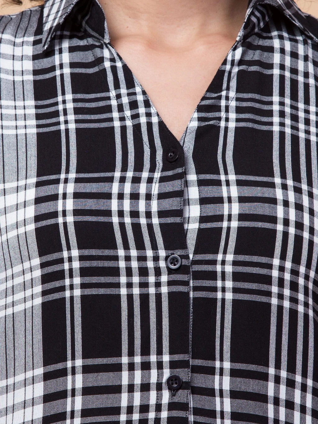 Women Black Plaid Checkered Viscose Rayon Button Down Casual Shirt