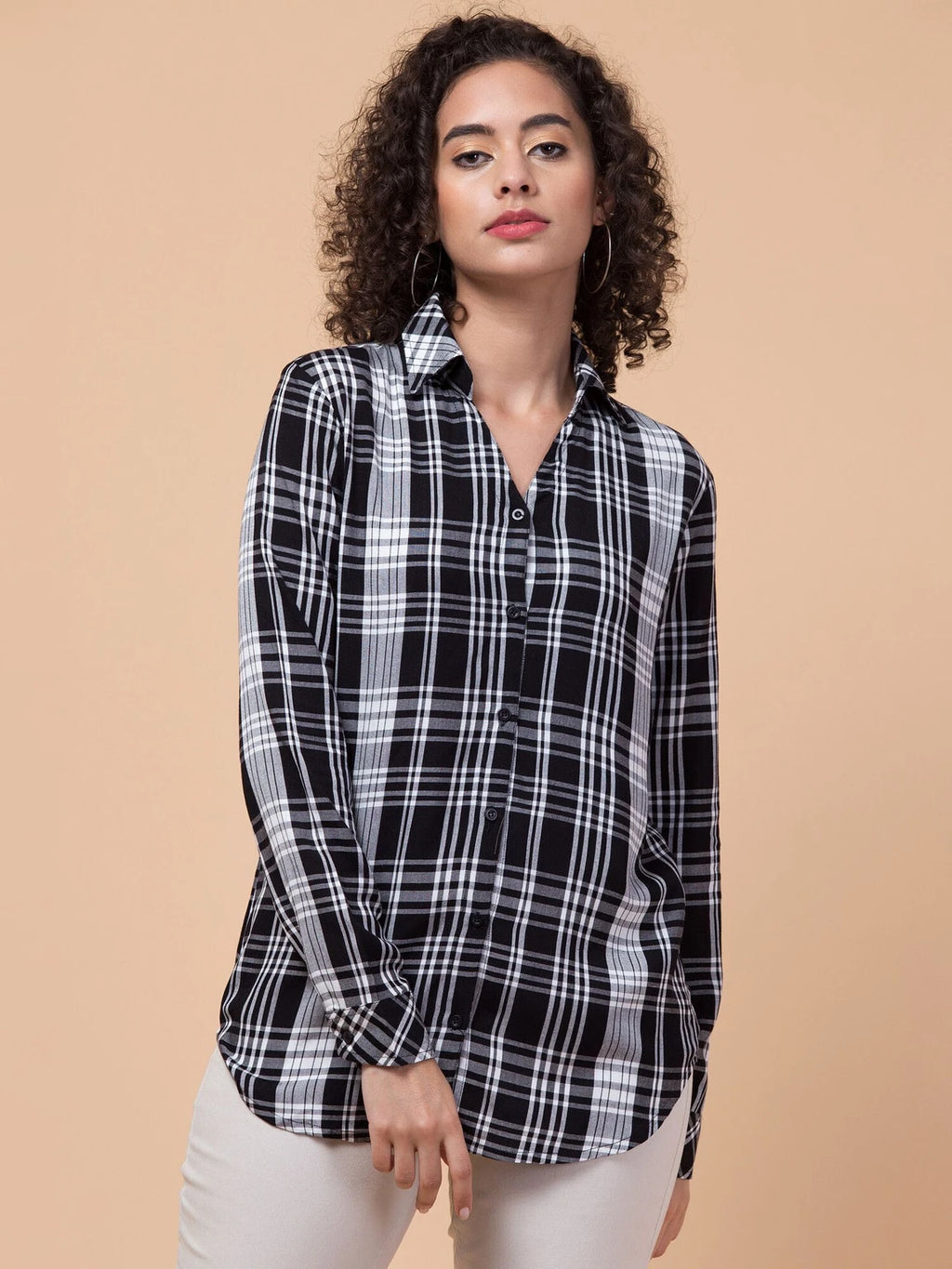 Women Black Plaid Checkered Viscose Rayon Button Down Casual Shirt