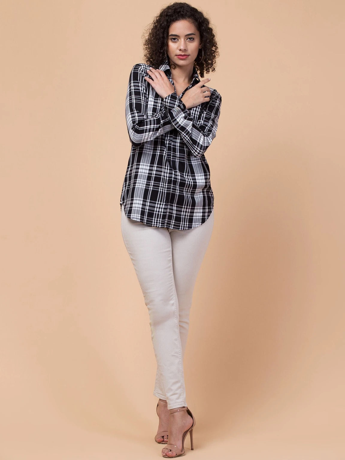 Women Black Plaid Checkered Viscose Rayon Button Down Casual Shirt