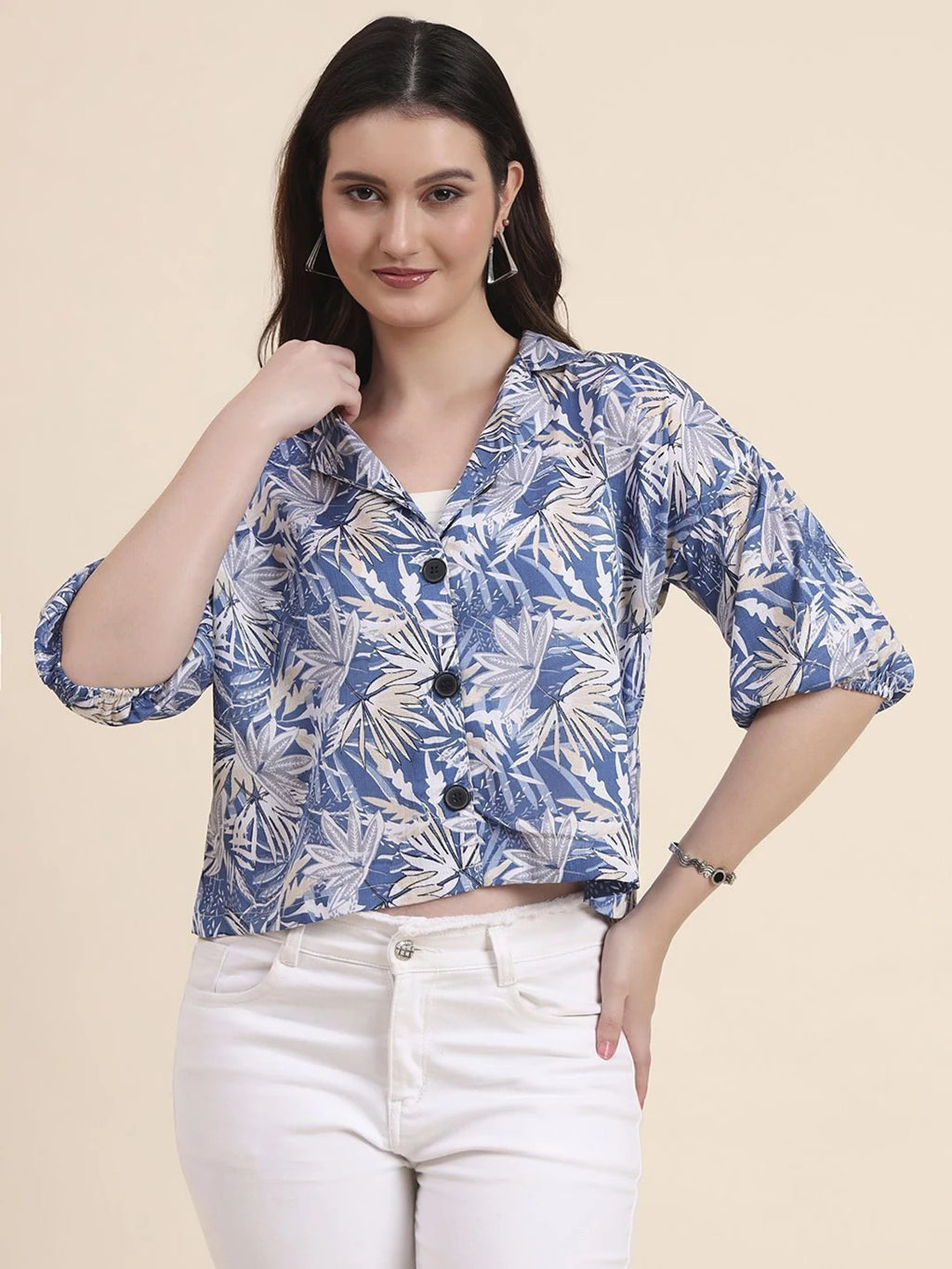 Women Blue Tropical Floral Printed Boxy Crop Shirt
