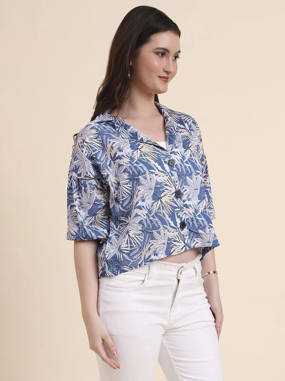 Women Blue Tropical Floral Printed Boxy Crop Shirt