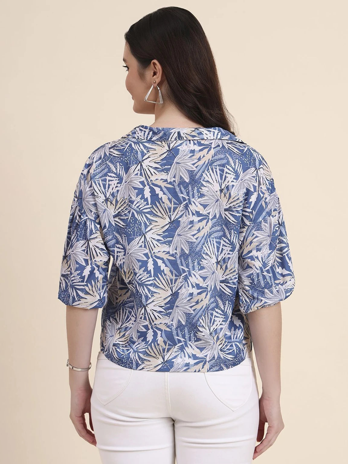 Women Blue Tropical Floral Printed Boxy Crop Shirt