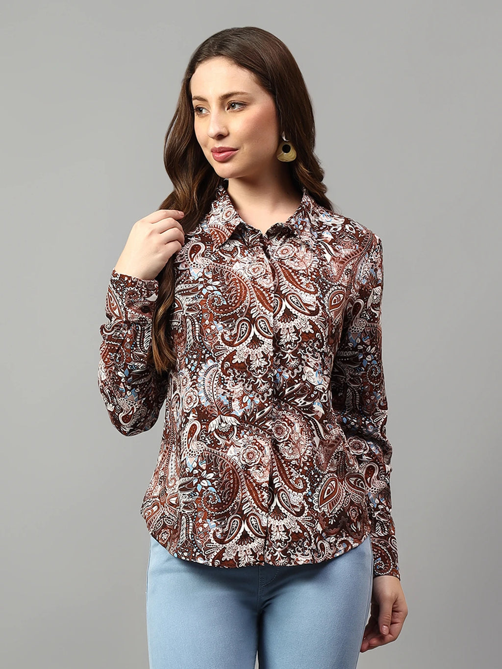 Women Brown Paisley Floral Print Viscose Rayon Casual Shirt