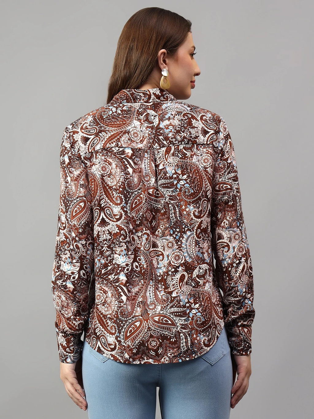 Women Brown Paisley Floral Print Viscose Rayon Casual Shirt