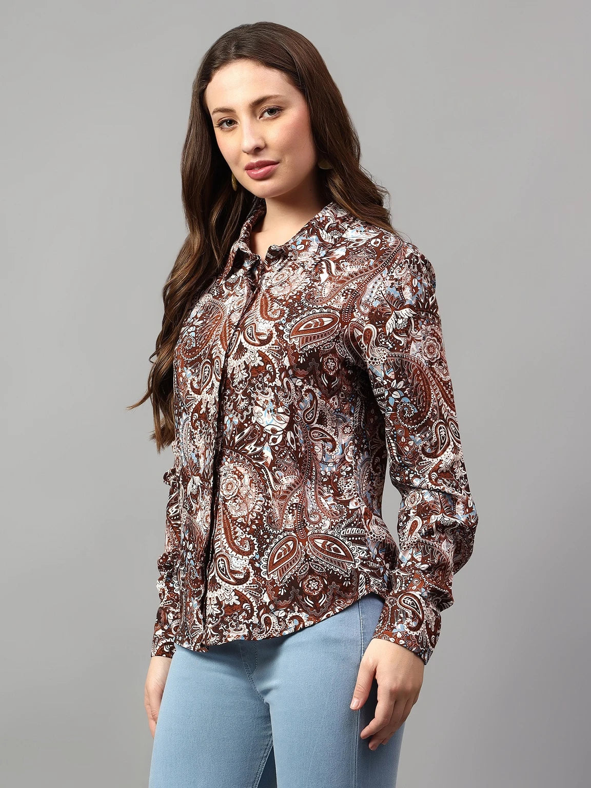 Women Brown Paisley Floral Print Viscose Rayon Casual Shirt