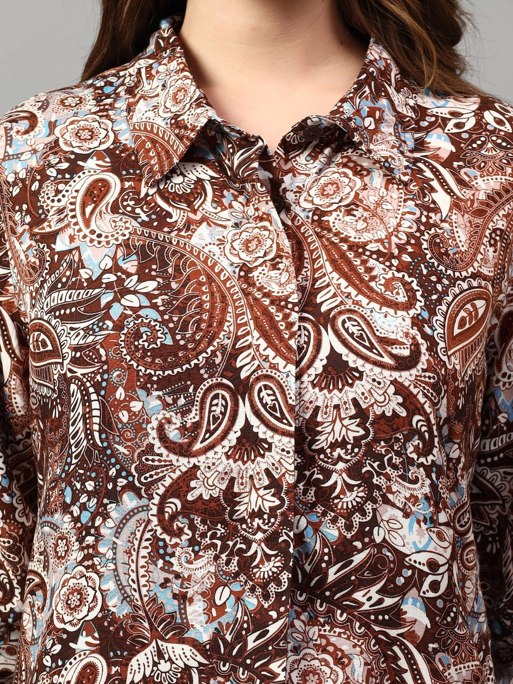 Women Brown Paisley Floral Print Viscose Rayon Casual Shirt