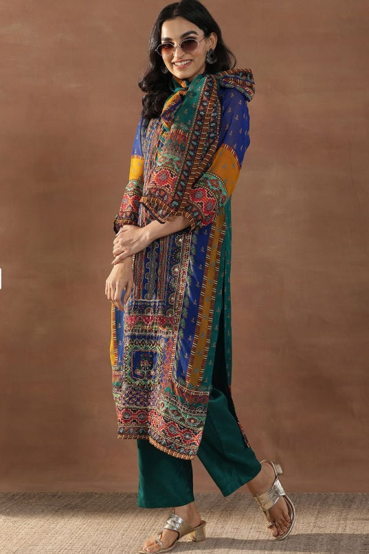 Libas - Royal Indigo Organza Kurta Set – Sweetheart Neck, Zari Embellished Pockets & Dupatta