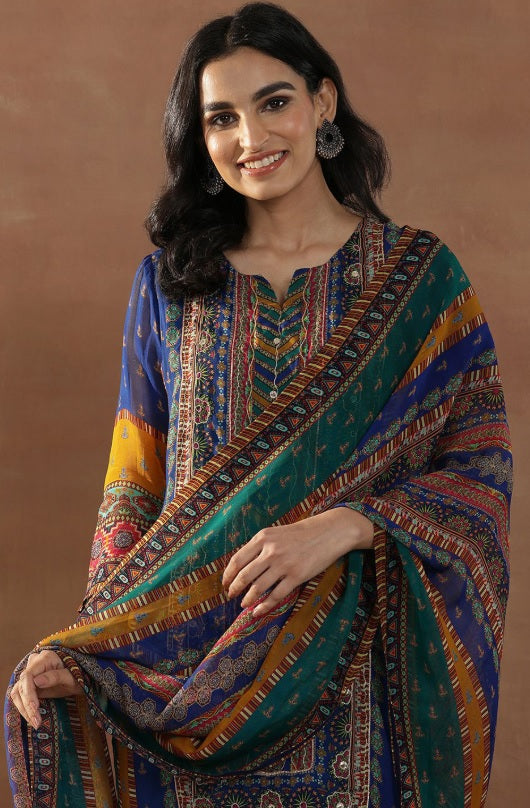 Libas - Royal Indigo Organza Kurta Set – Sweetheart Neck, Zari Embellished Pockets & Dupatta
