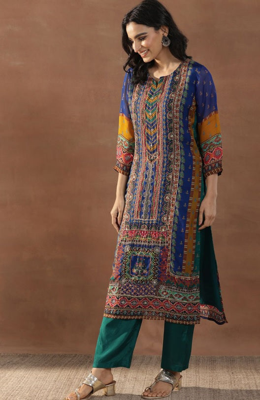 Libas - Royal Indigo Organza Kurta Set – Sweetheart Neck, Zari Embellished Pockets & Dupatta