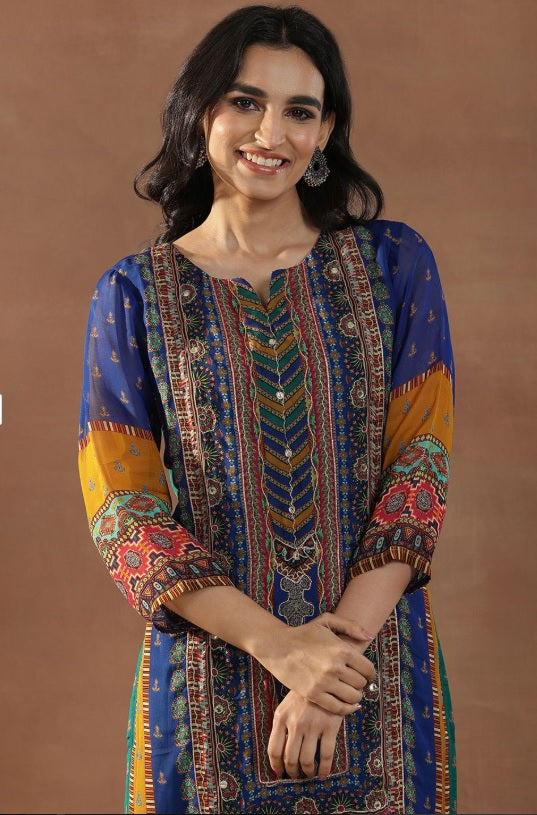 Libas - Royal Indigo Organza Kurta Set – Sweetheart Neck, Zari Embellished Pockets & Dupatta