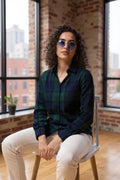 Women Green Plaid Checkered Viscose Rayon Button Down Casual Shirt