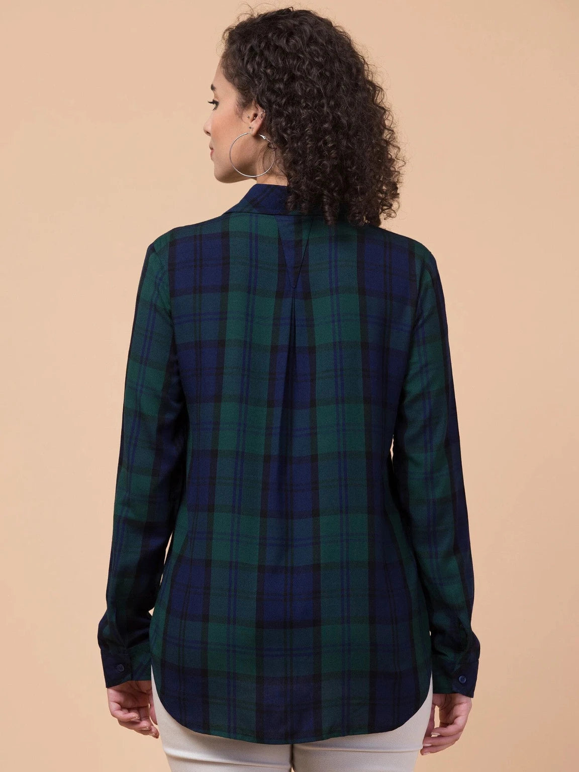 Women Green Plaid Checkered Viscose Rayon Button Down Casual Shirt