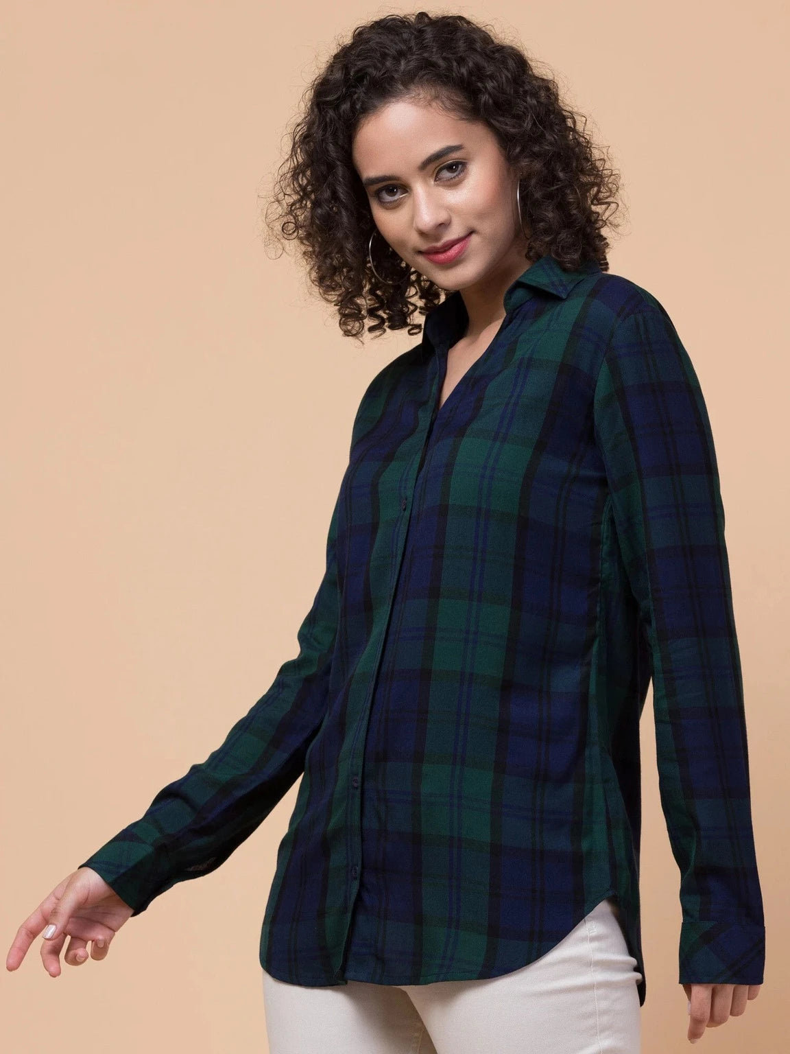 Women Green Plaid Checkered Viscose Rayon Button Down Casual Shirt