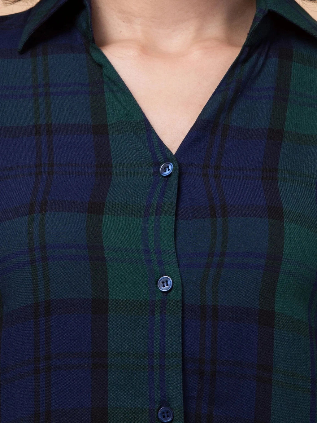 Women Green Plaid Checkered Viscose Rayon Button Down Casual Shirt