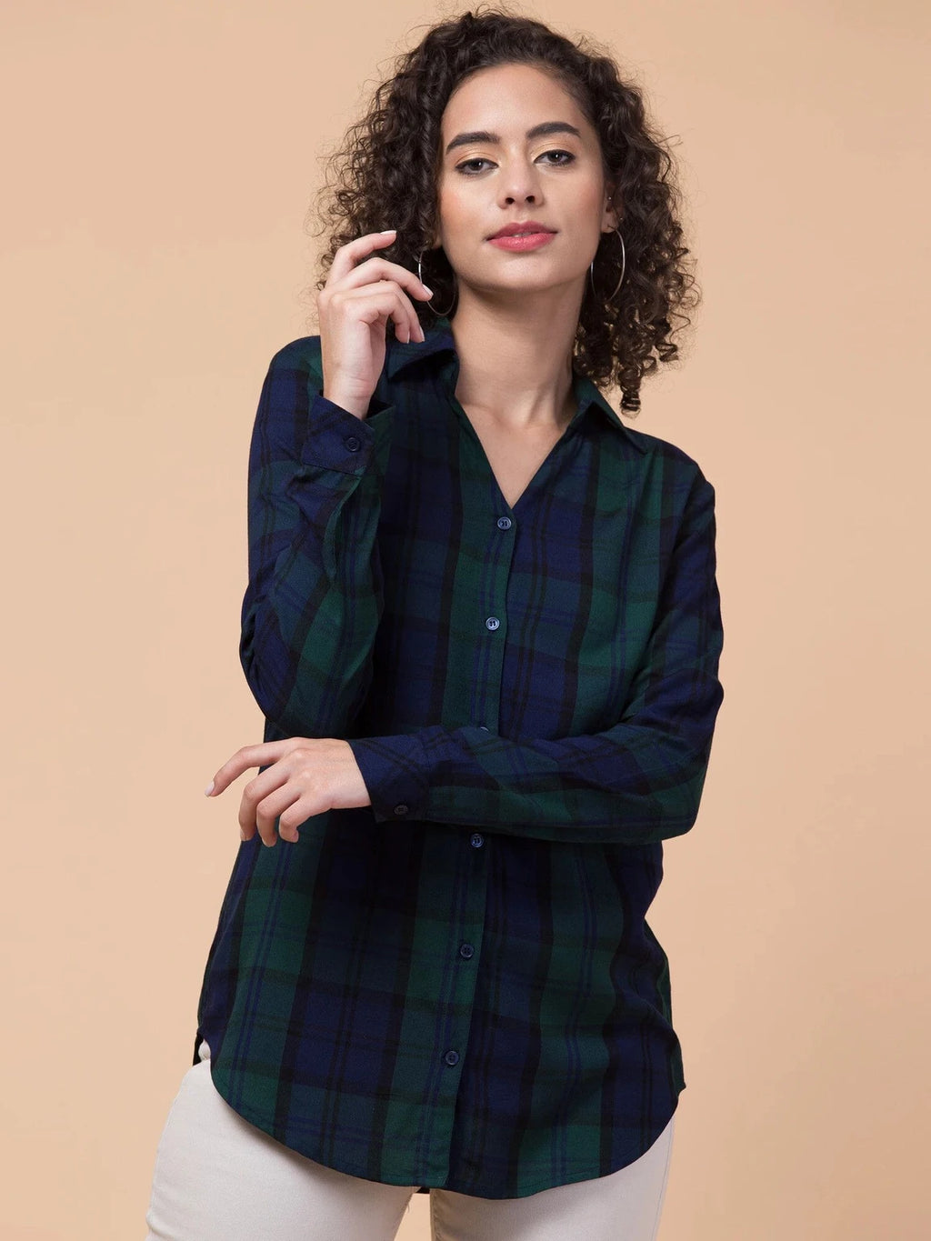 Women Green Plaid Checkered Viscose Rayon Button Down Casual Shirt