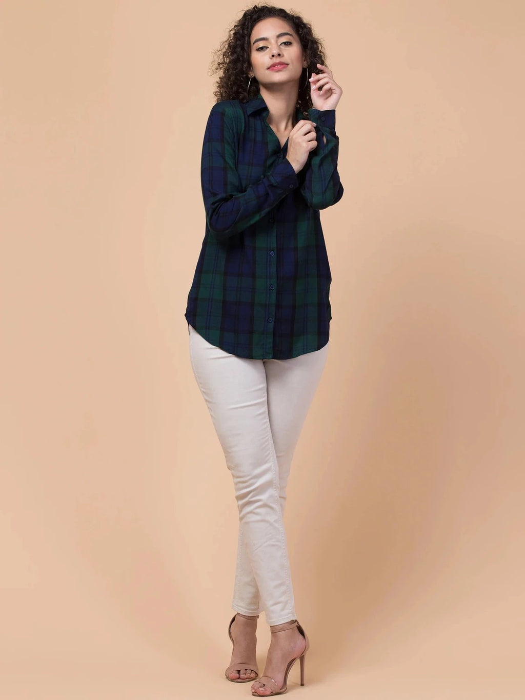 Women Green Plaid Checkered Viscose Rayon Button Down Casual Shirt