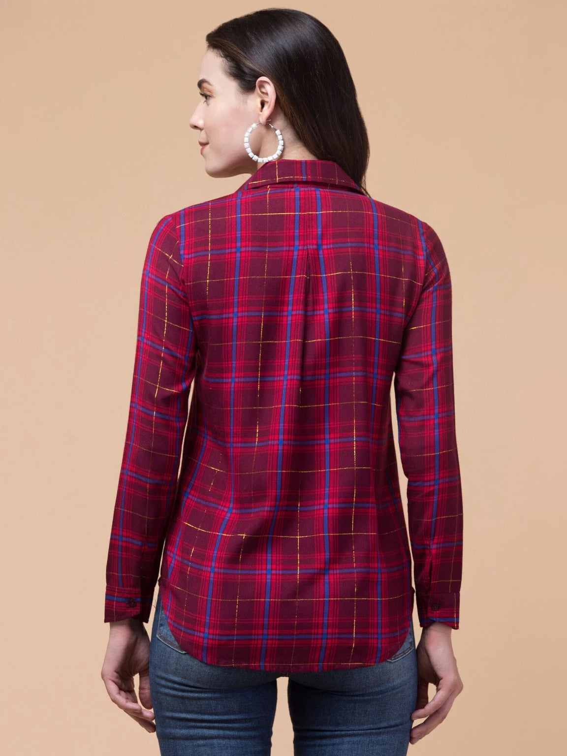 Women Maroon Plaid Checkered Viscose Rayon Button Down Casual Shirt