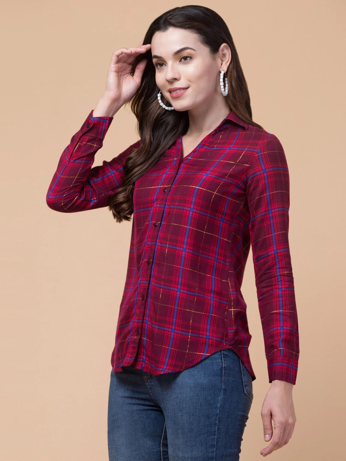 Women Maroon Plaid Checkered Viscose Rayon Button Down Casual Shirt