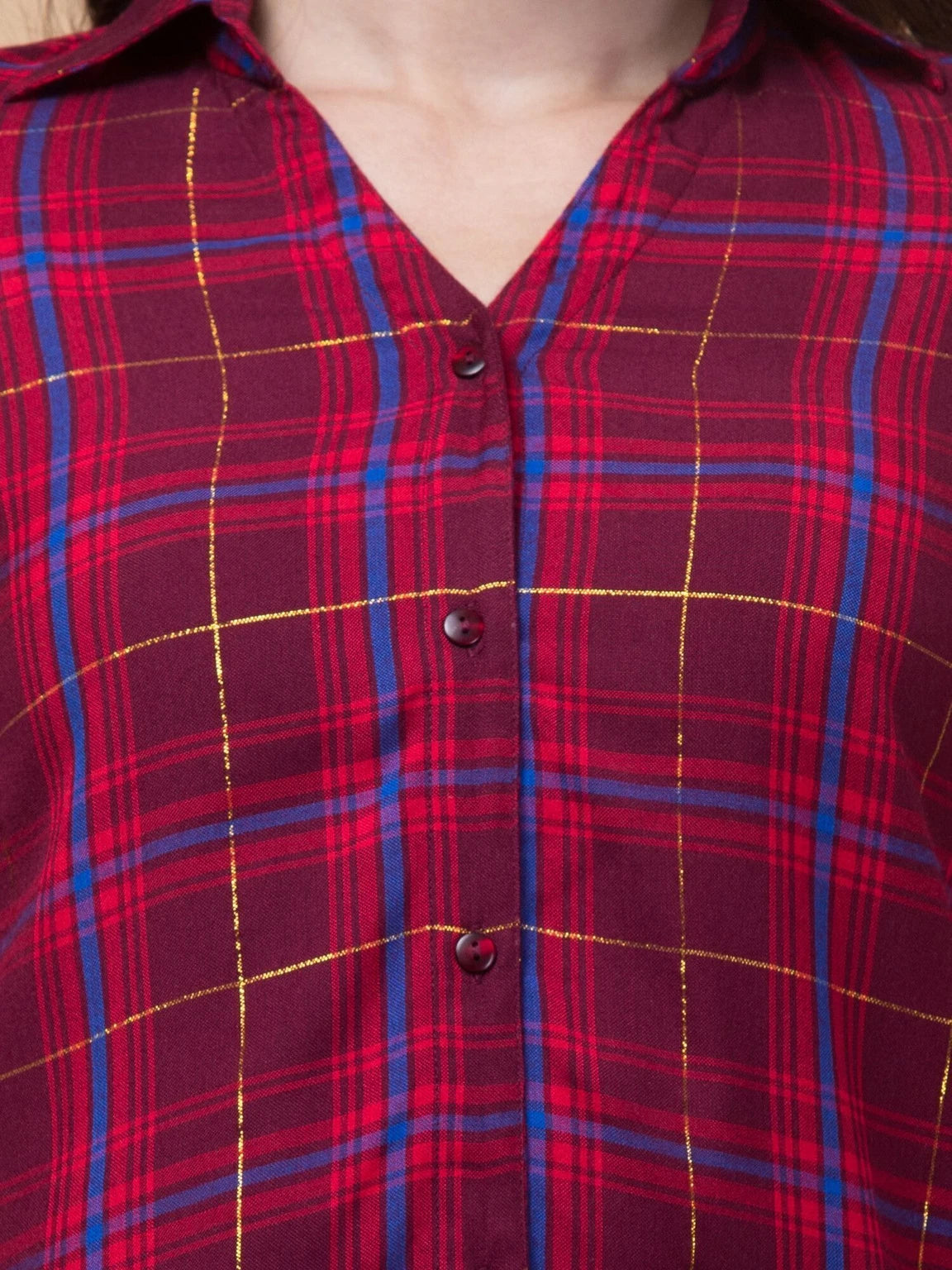Women Maroon Plaid Checkered Viscose Rayon Button Down Casual Shirt