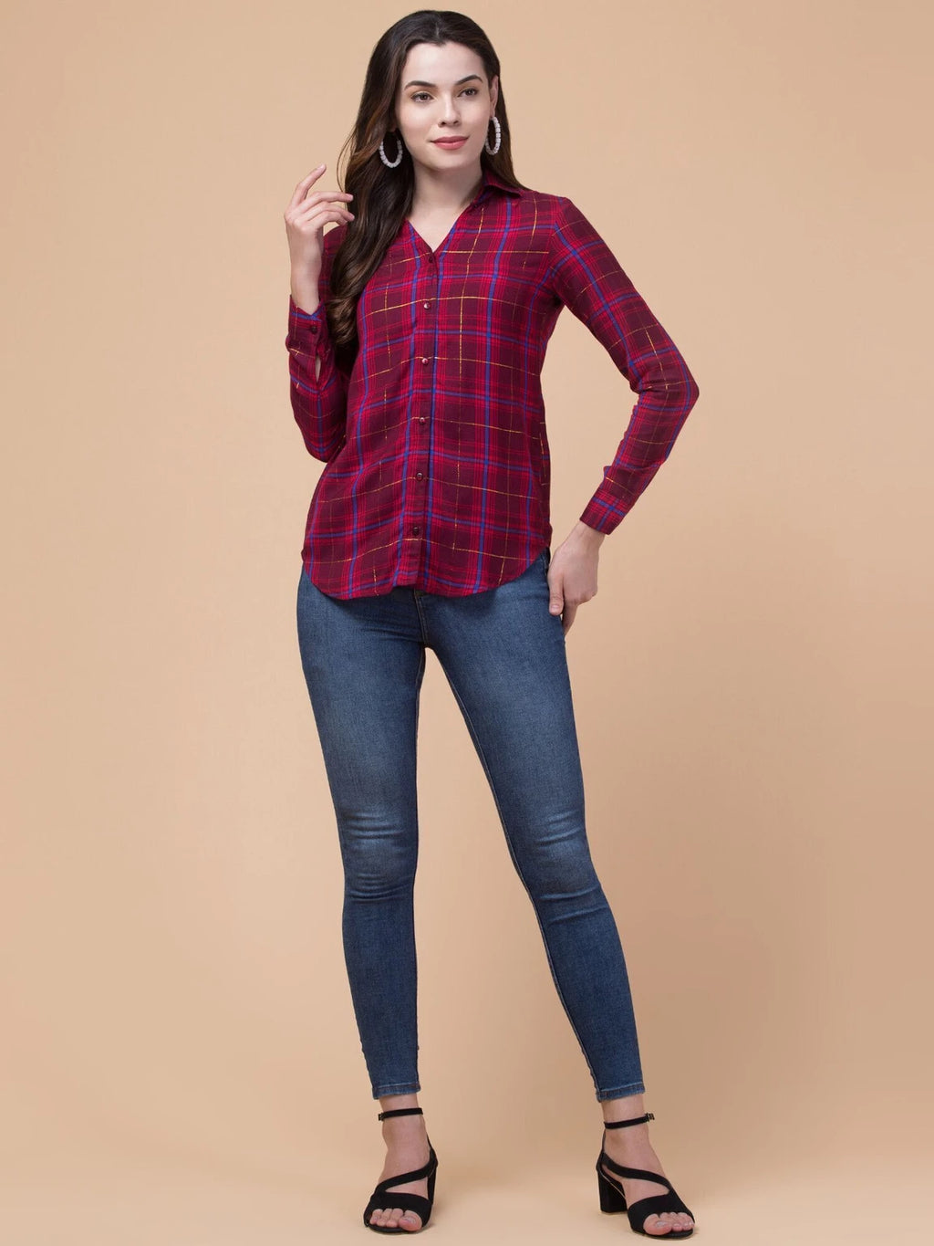 Women Maroon Plaid Checkered Viscose Rayon Button Down Casual Shirt