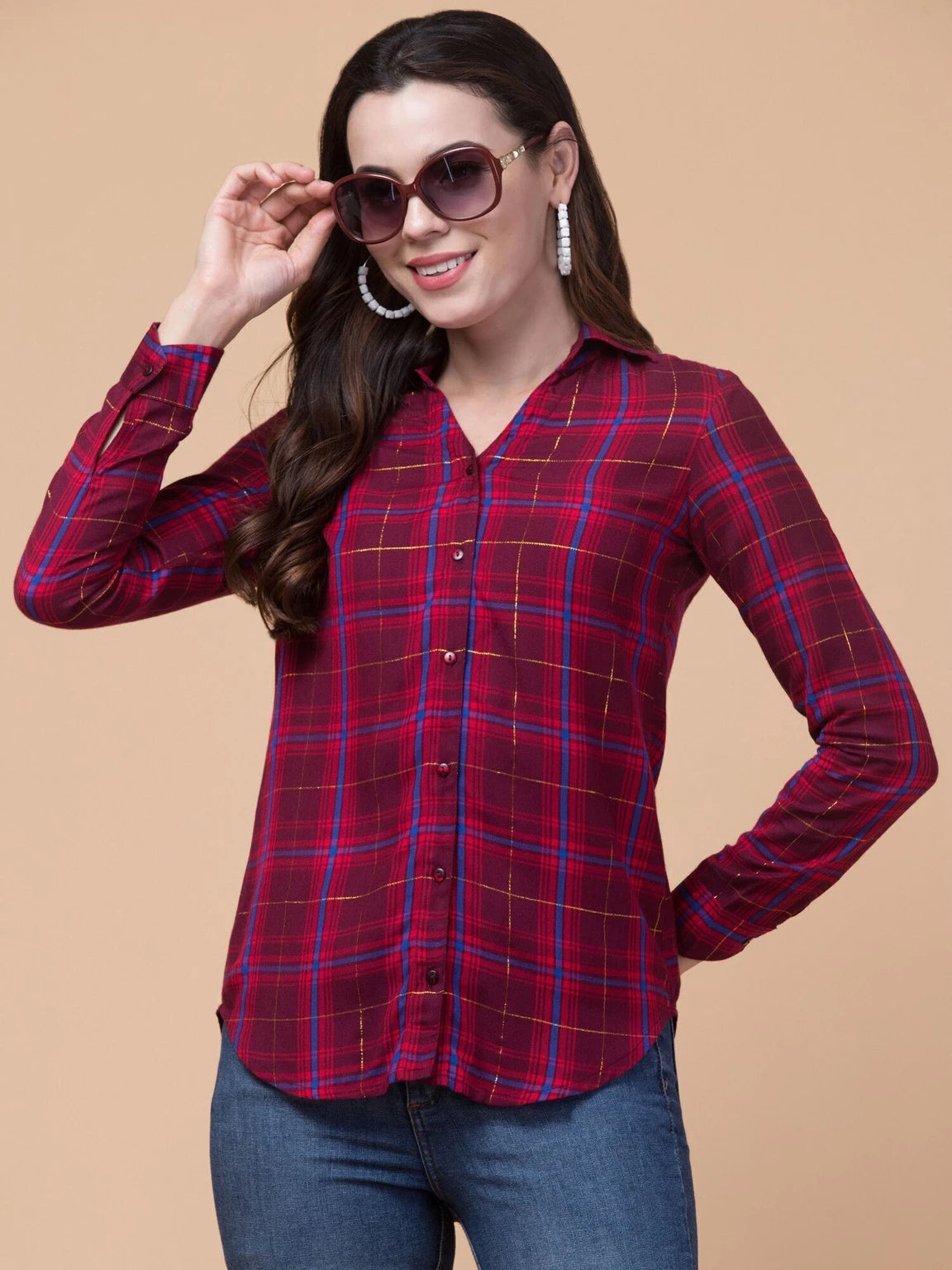 Women Maroon Plaid Checkered Viscose Rayon Button Down Casual Shirt