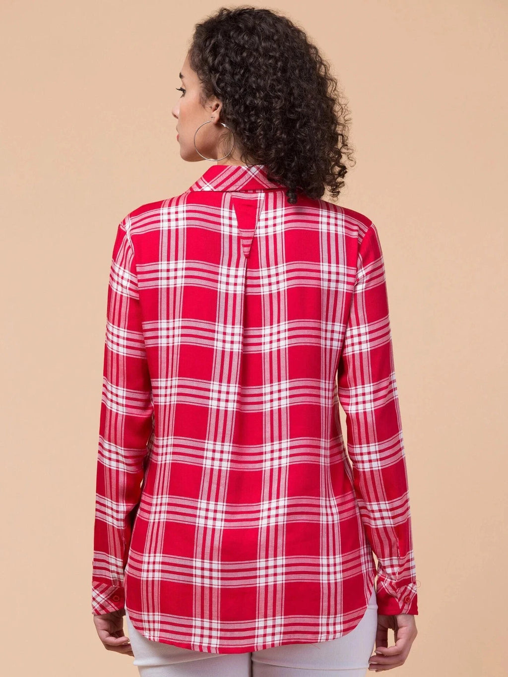 Women Red Checkered Viscose Rayon Button Down Casual Shirt