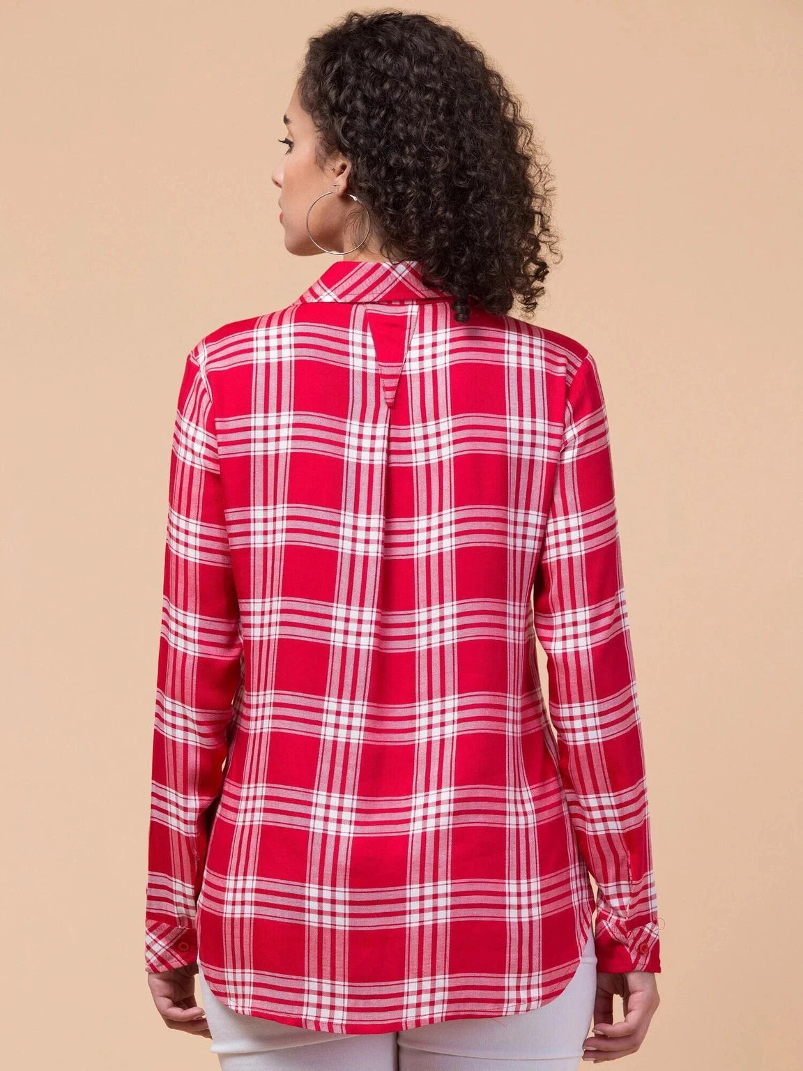 Women Red Checkered Viscose Rayon Button Down Casual Shirt