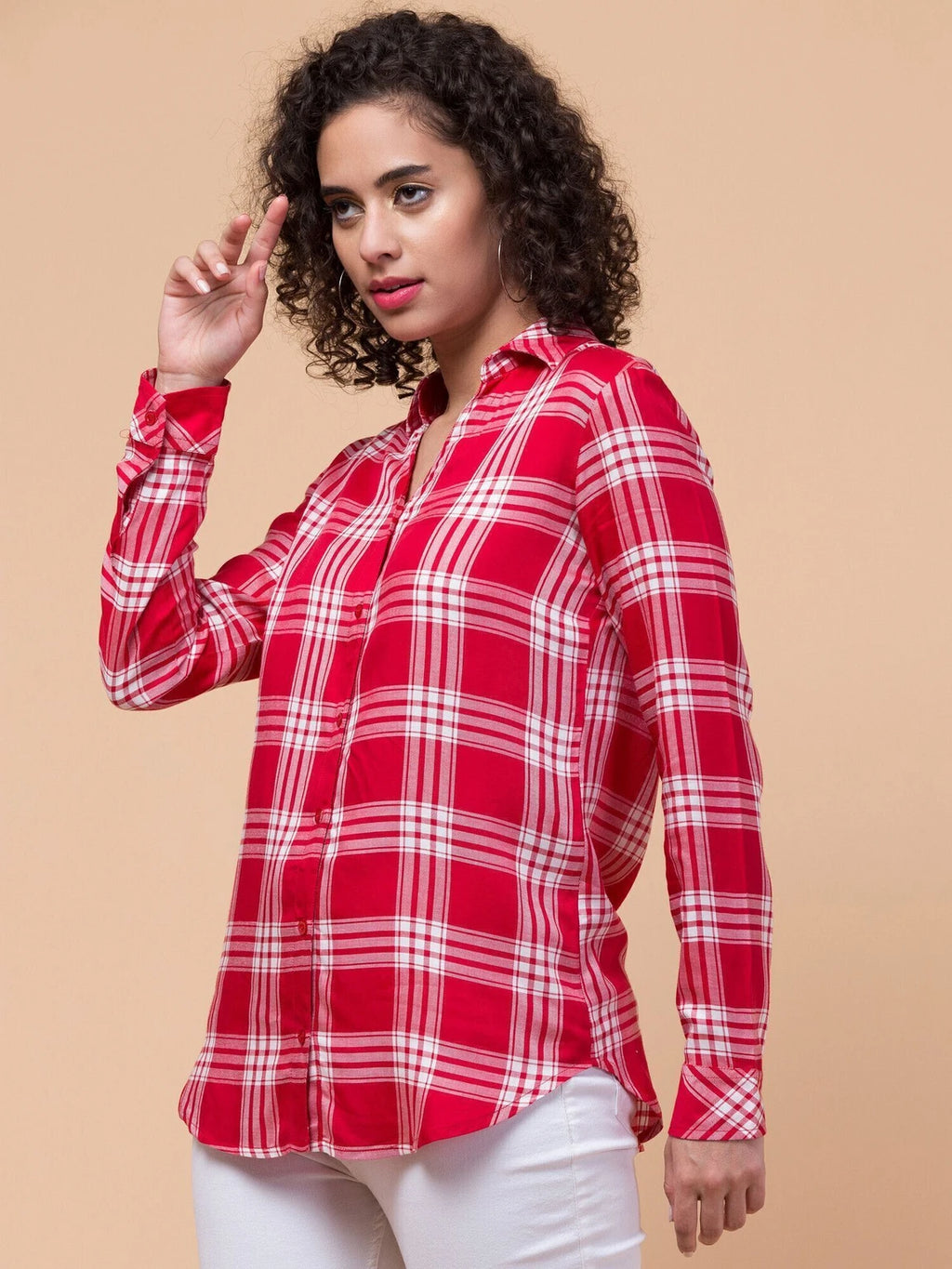 Women Red Checkered Viscose Rayon Button Down Casual Shirt